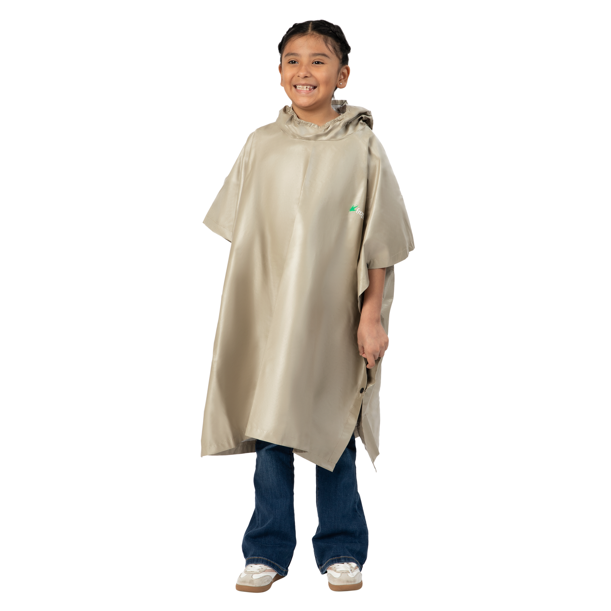 Child wearing a beige rain poncho on a white background
