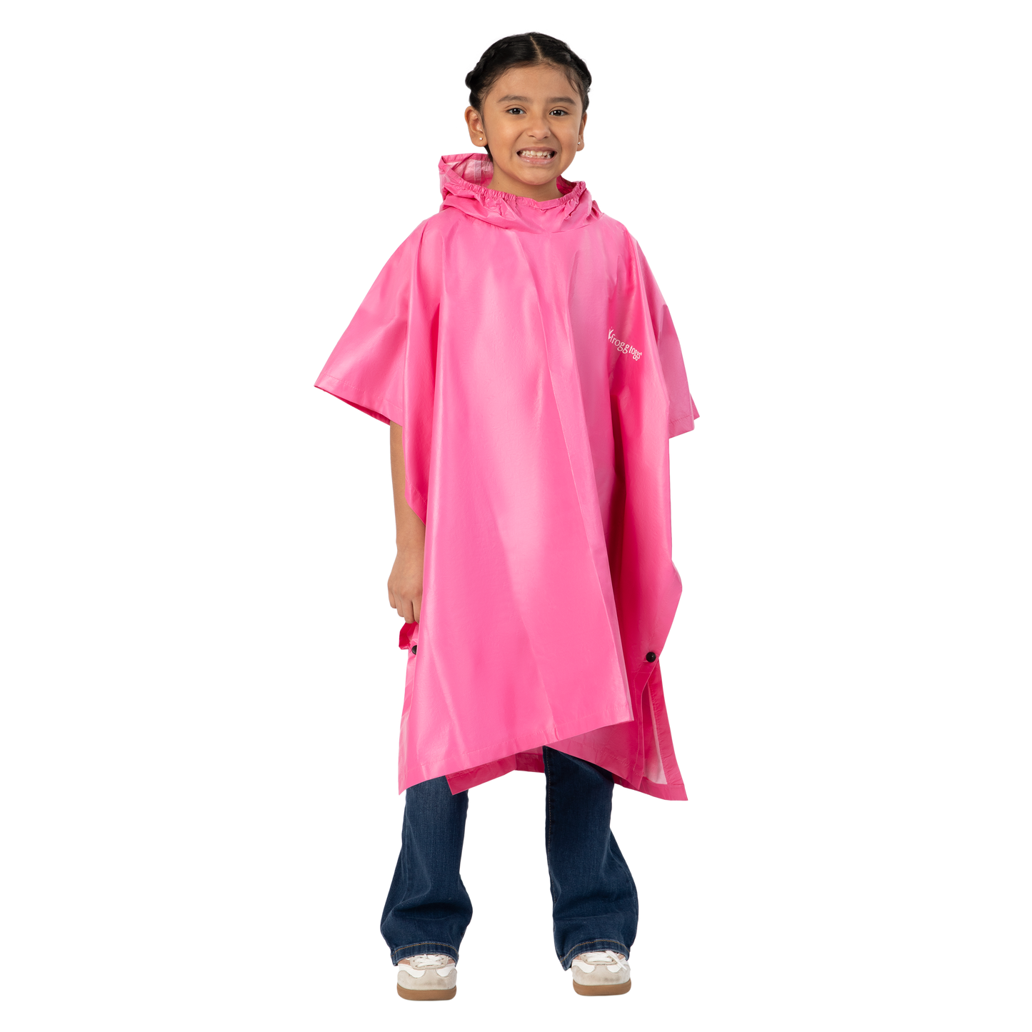 Child wearing a pink rain poncho on a white background