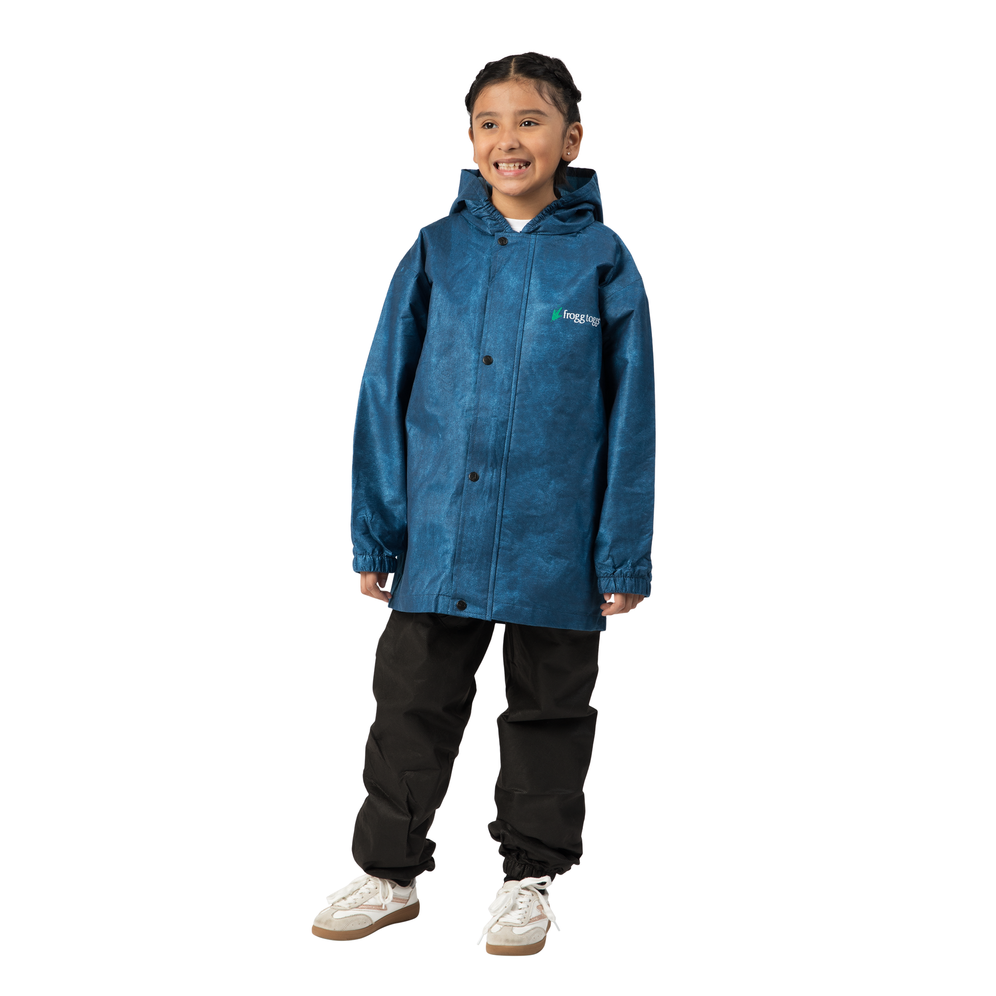 Child wearing a blue raincoat with a logo on a white background