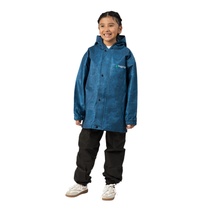 Child wearing a blue raincoat with a logo on a white background