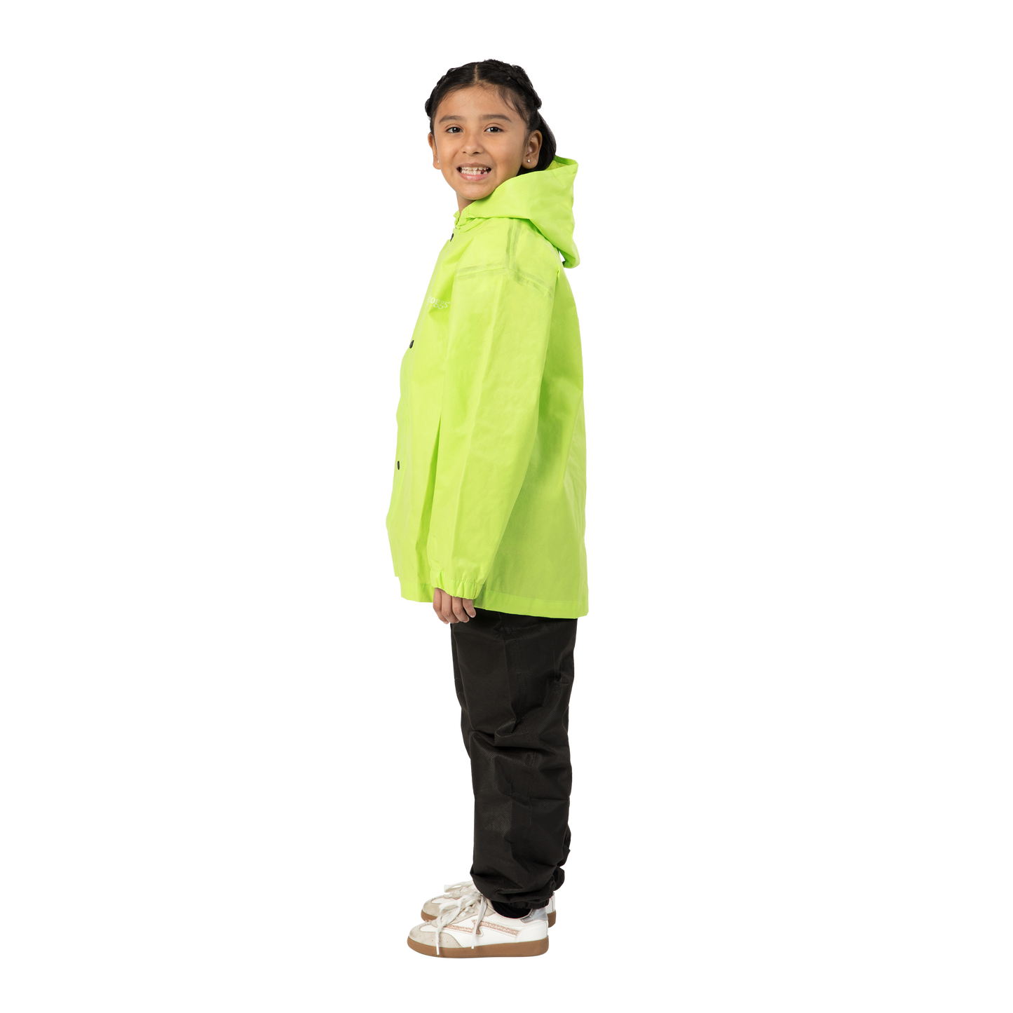 Child wearing a bright green raincoat on a white background