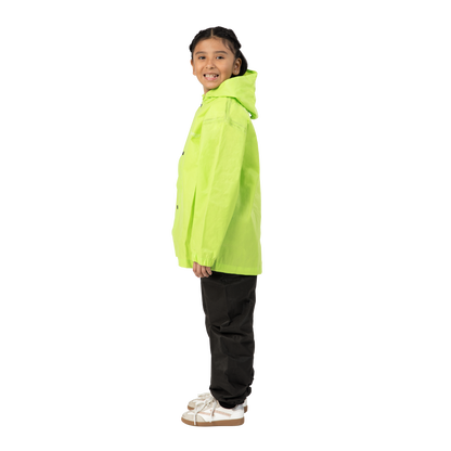 Child wearing a bright green raincoat on a white background