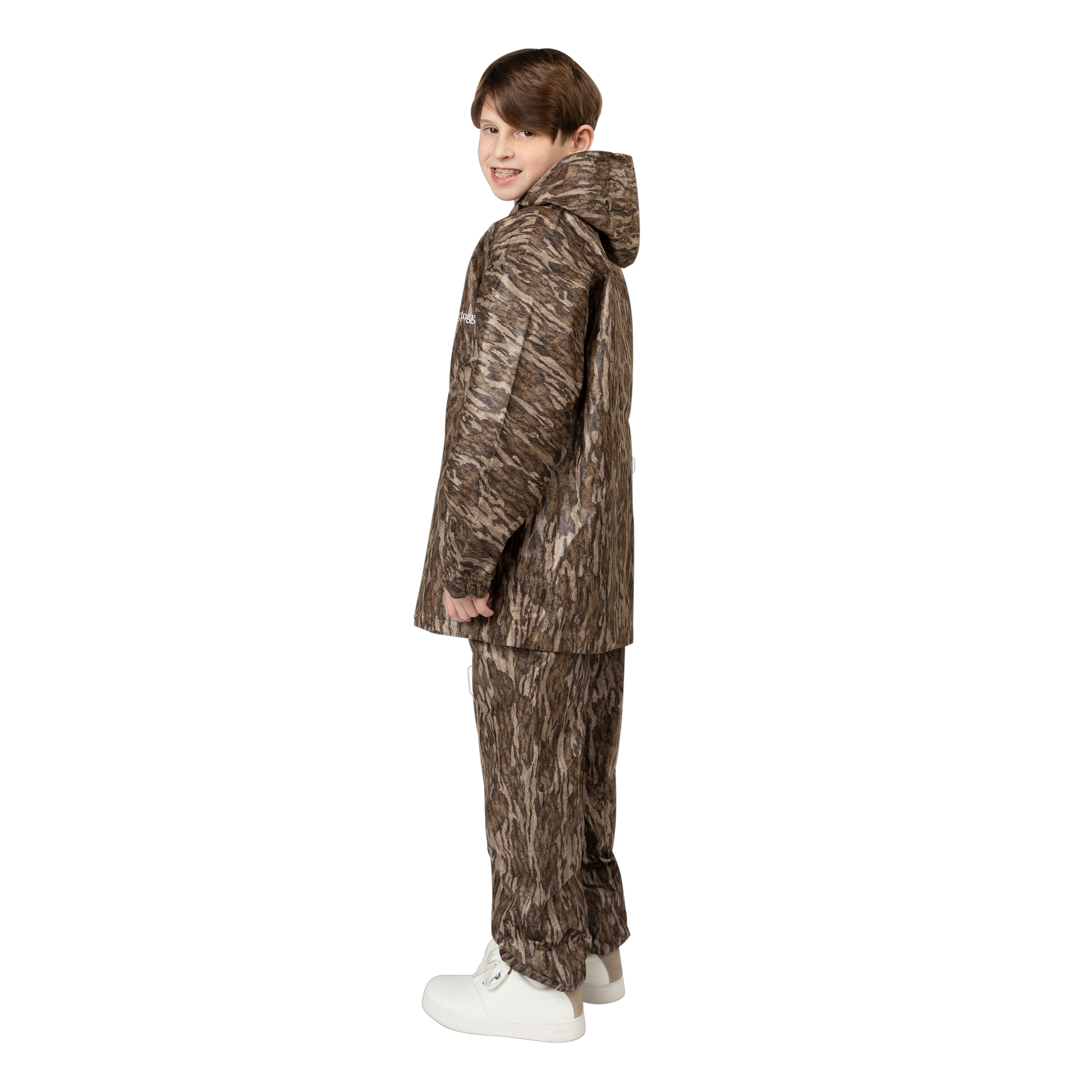 Child wearing a camouflage outfit on a white background