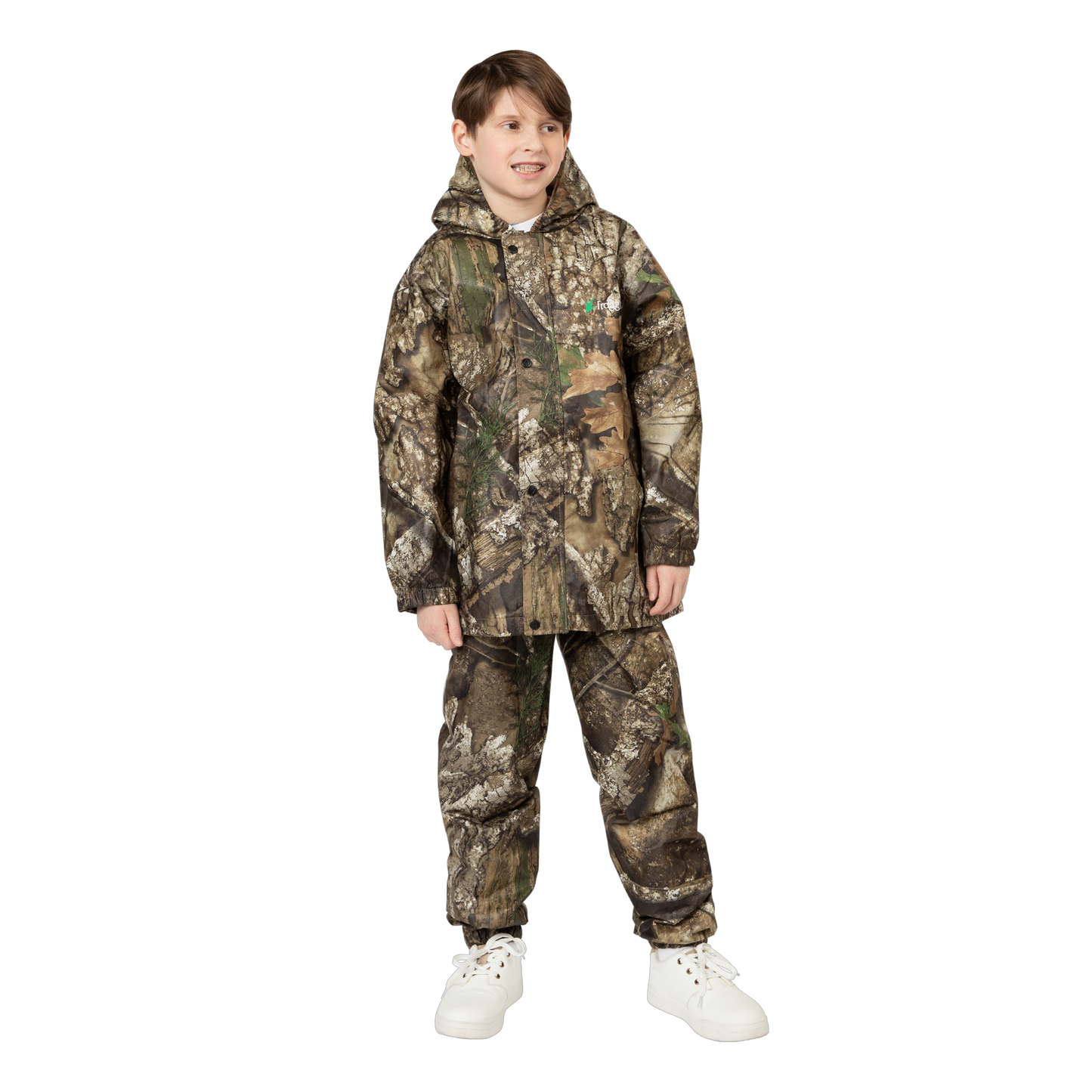 Person wearing a full camouflage hunting suit on a white background
