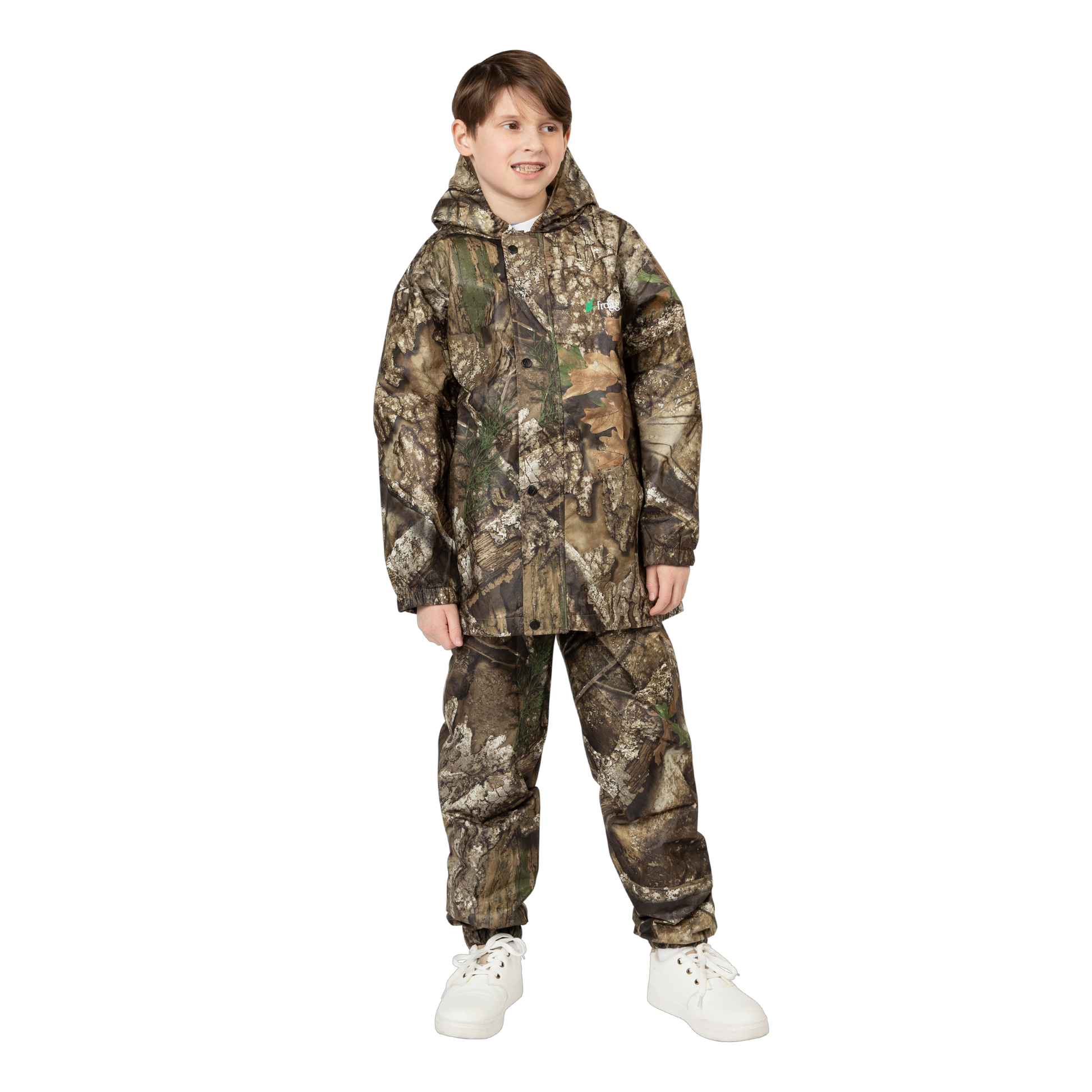 Person wearing a full camouflage hunting suit on a white background
