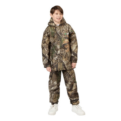 Person wearing a full camouflage hunting suit on a white background