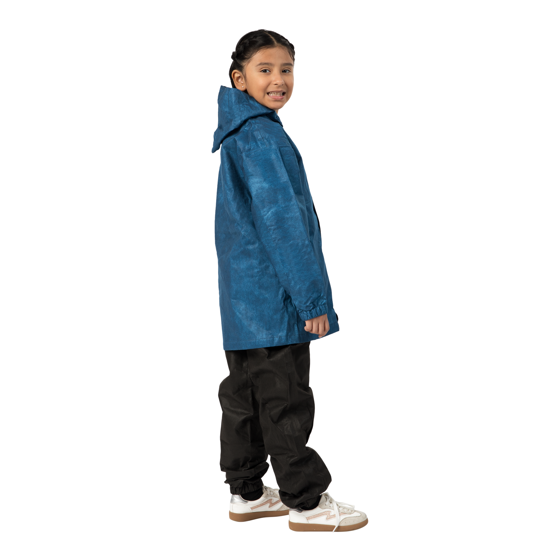 Child wearing a blue raincoat on a white background