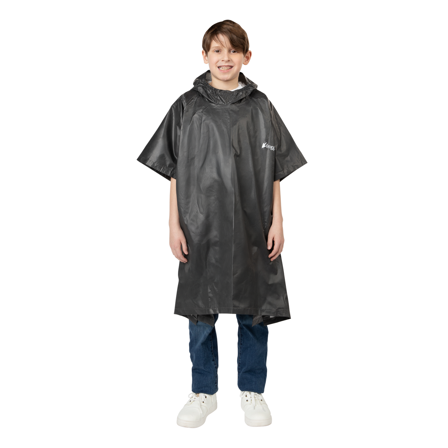 Child wearing a black rain poncho on a white background