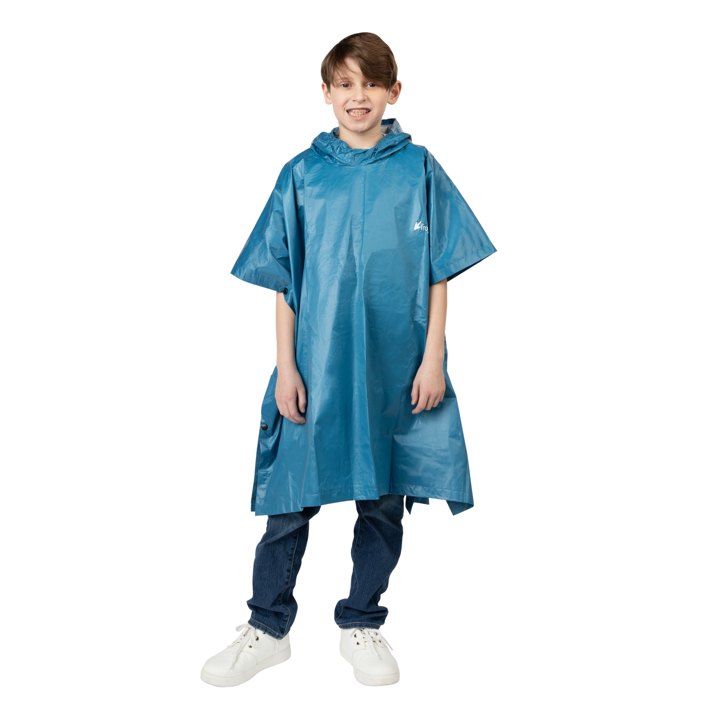 Child wearing a blue rain poncho on a white background