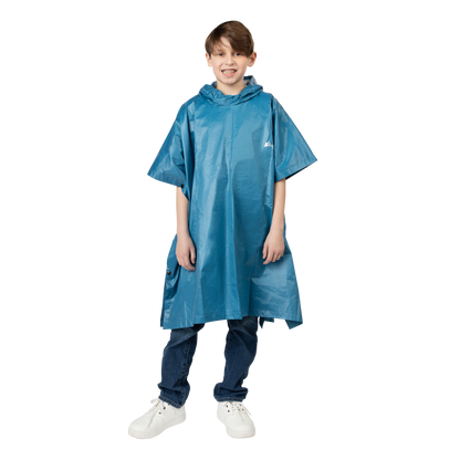Child wearing a blue rain poncho on a white background