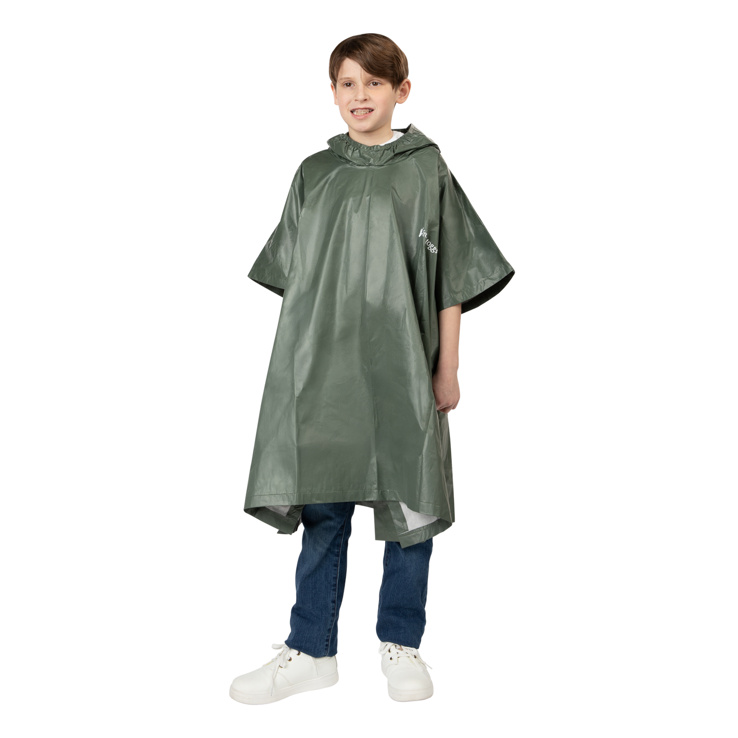 Child wearing a green rain poncho on a white background
