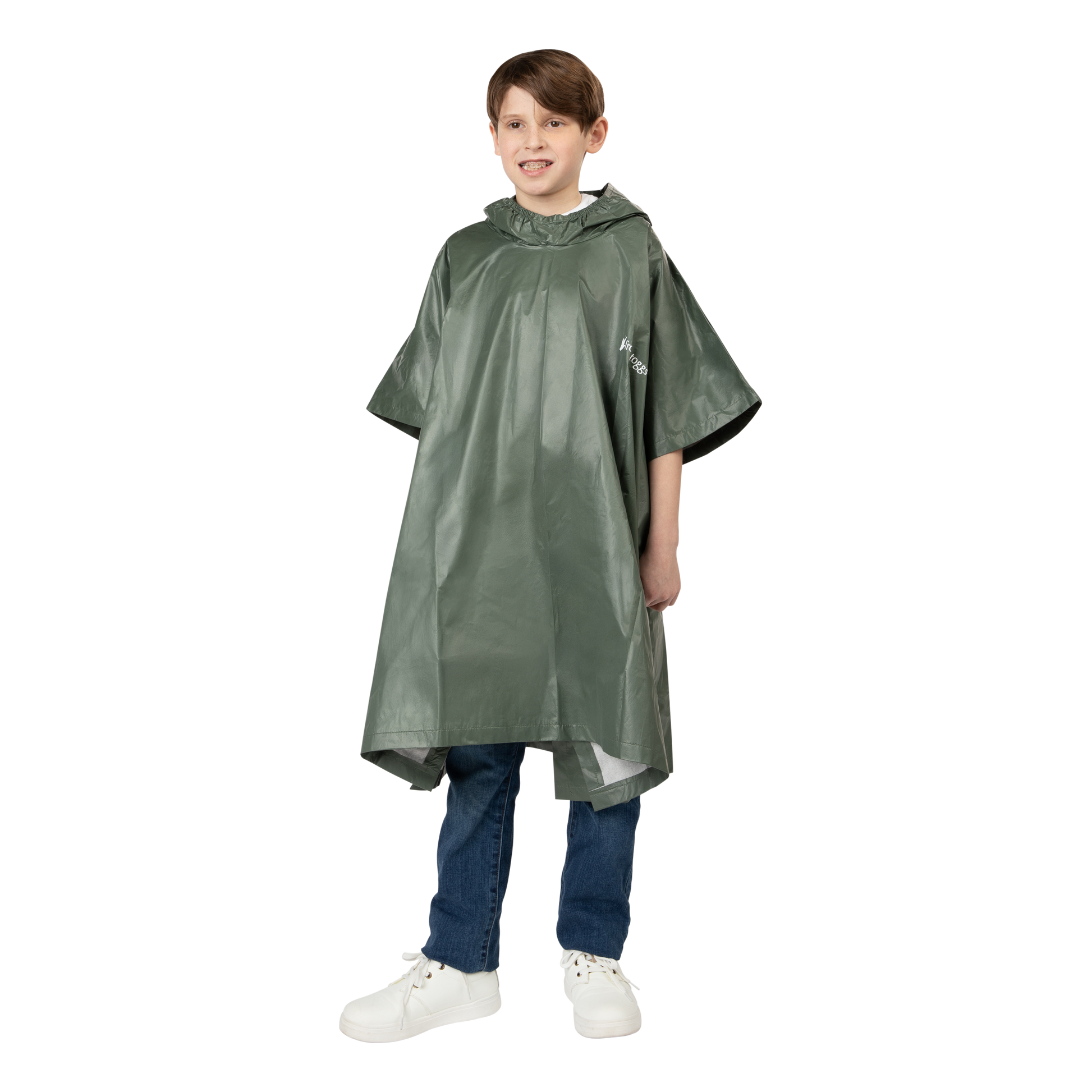 Child wearing a green rain poncho on a white background