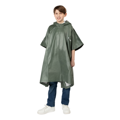 Child wearing a green rain poncho on a white background